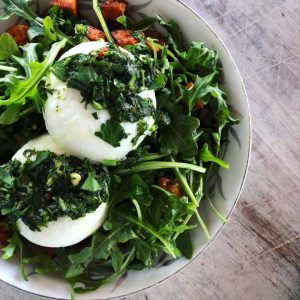 Greens-filled hash with seasonal root vegetables make a delicious healthy breakfast at Maison Cafe in Dana Point, CA