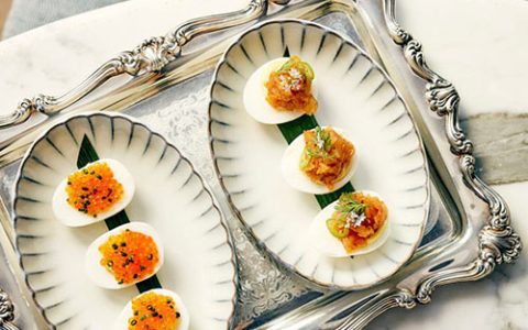 Trout roe and spicy kimchi deviled eggs for brunch at Madrona, Healdsburg, CA